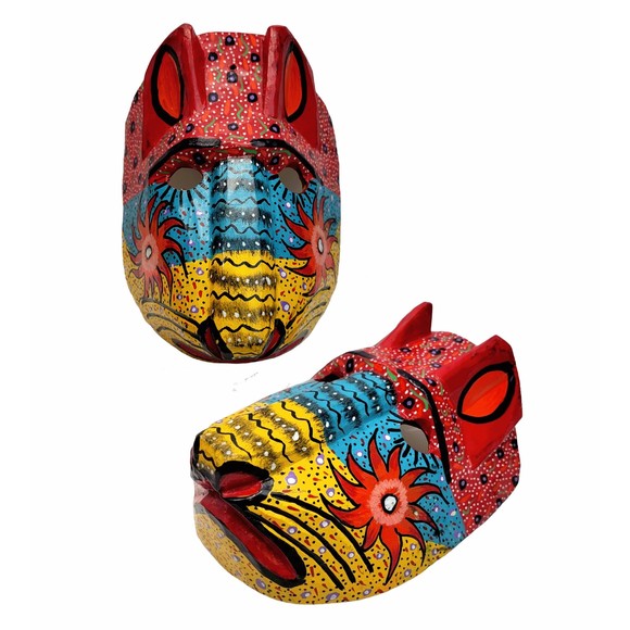 Handmade Carved Wood Cat Mask Jaguar Leopard Guatemala Mexico Folk Art Vintage - Picture 1 of 16